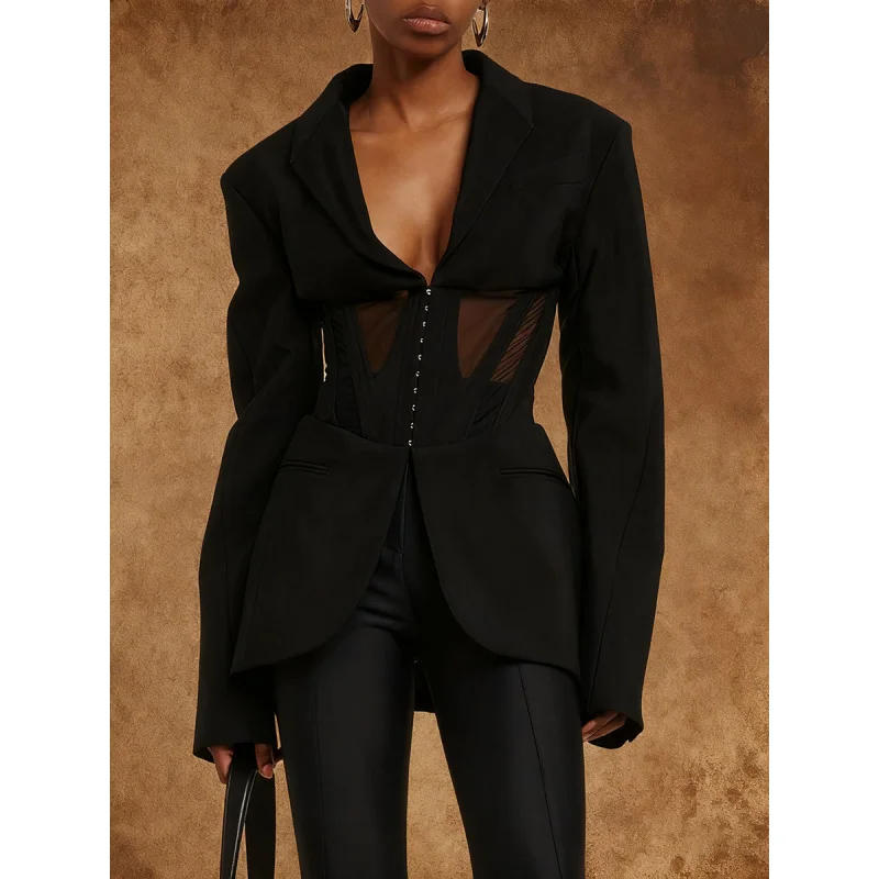 

Fashionable High-Quality Tops 2025Summer New Style See-through Mesh Patchwork Lapel Blazer Women