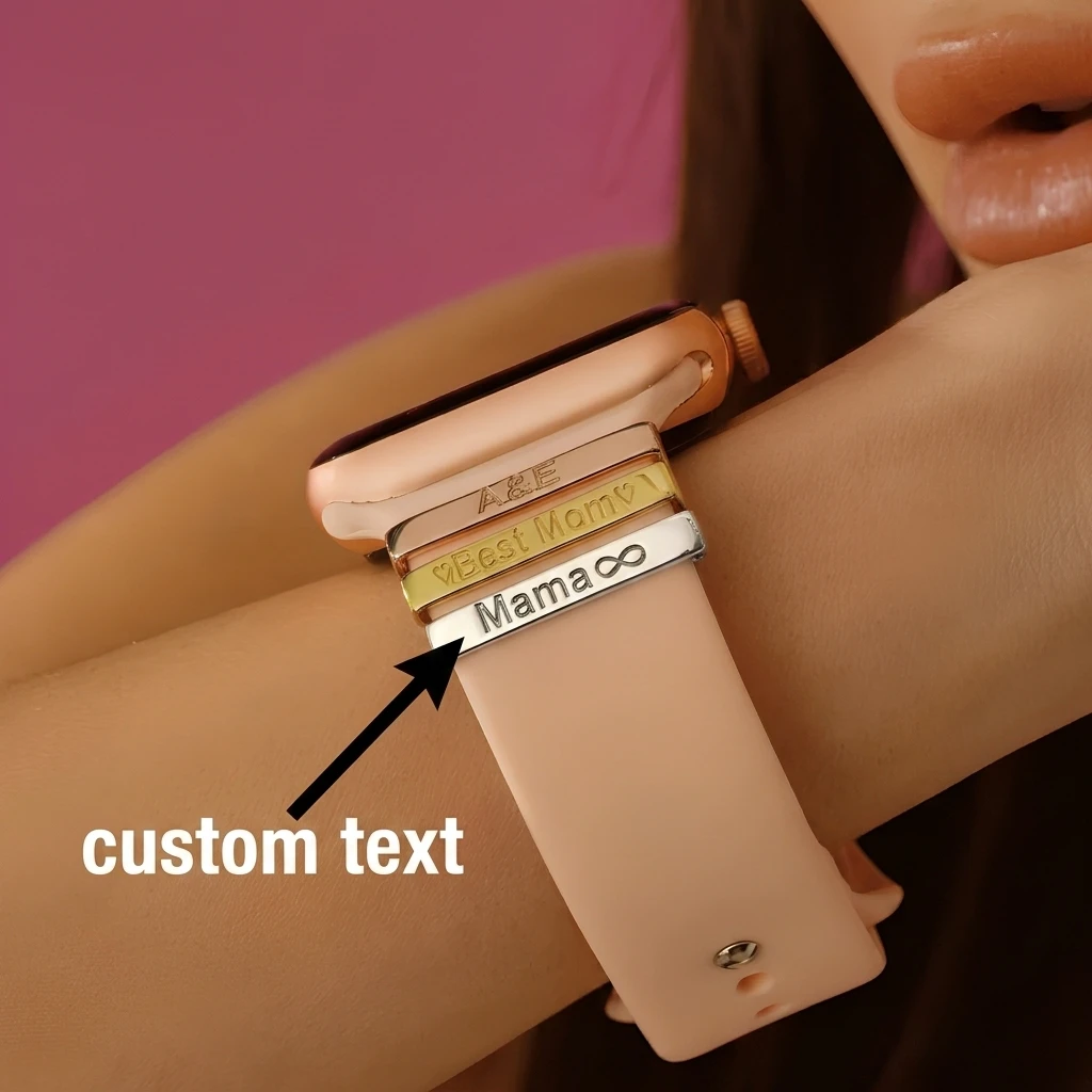 Bracelet en métal gravé avec nom personnalisé, breloques, bracelet en silicone pour Apple Watch, étiquette d'identification en or rose ou argent, accessoire personnalisé