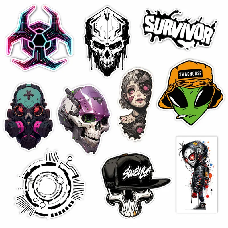 10Pcs Apocalypse Punk Tactical Skull Vinyl Decals Street Graffiti Art Sticker Waterproof Matte Pegatinas for Laptop Helmet Phone