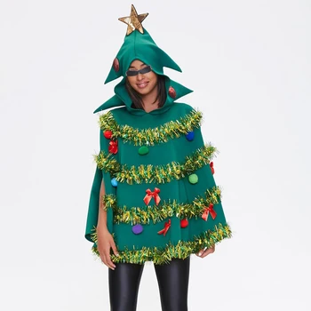 Combhasaki Christmas Tree Poncho Costume Adults Bow Ball Sequined Star Decor Hooded Cloak Cape Party Prop for Cosplay Party