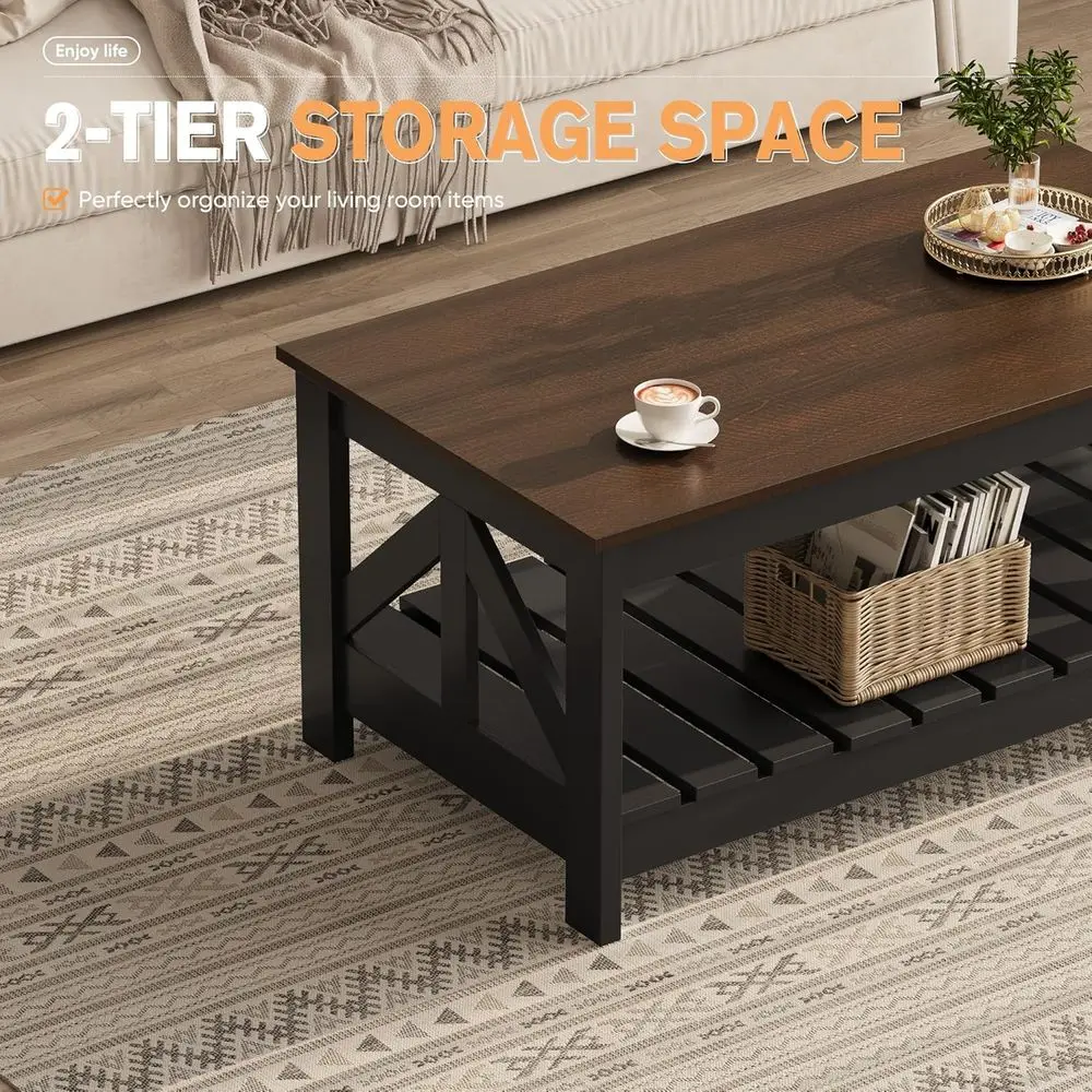 Rustic Storage Coffee Table for Living Spaces, Square Farmhouse Style, Compact for Small Areas, Brown & Black Options