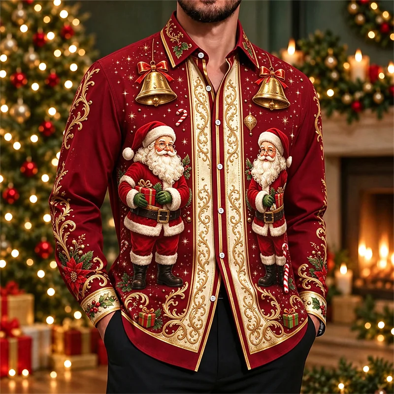 New men's shirt brown orange symmetrical Santa Claus gold scroll grass pattern red magenta pine cone print shirt