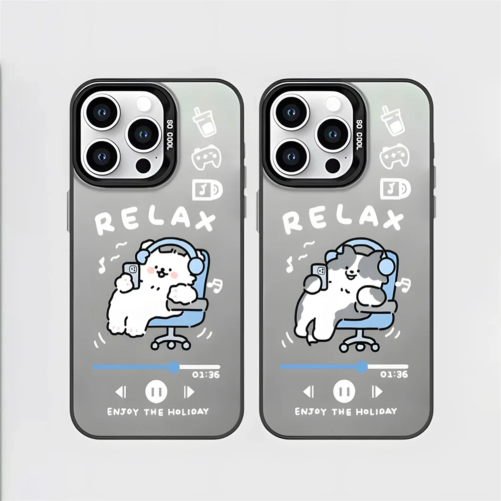 Cute Relax Cat Dog Matching Case for iPhone 14 15 16 Plus 12 13 mini 11 Pro Max XR Scratch-Resistant Hard Matte Cover for Couple