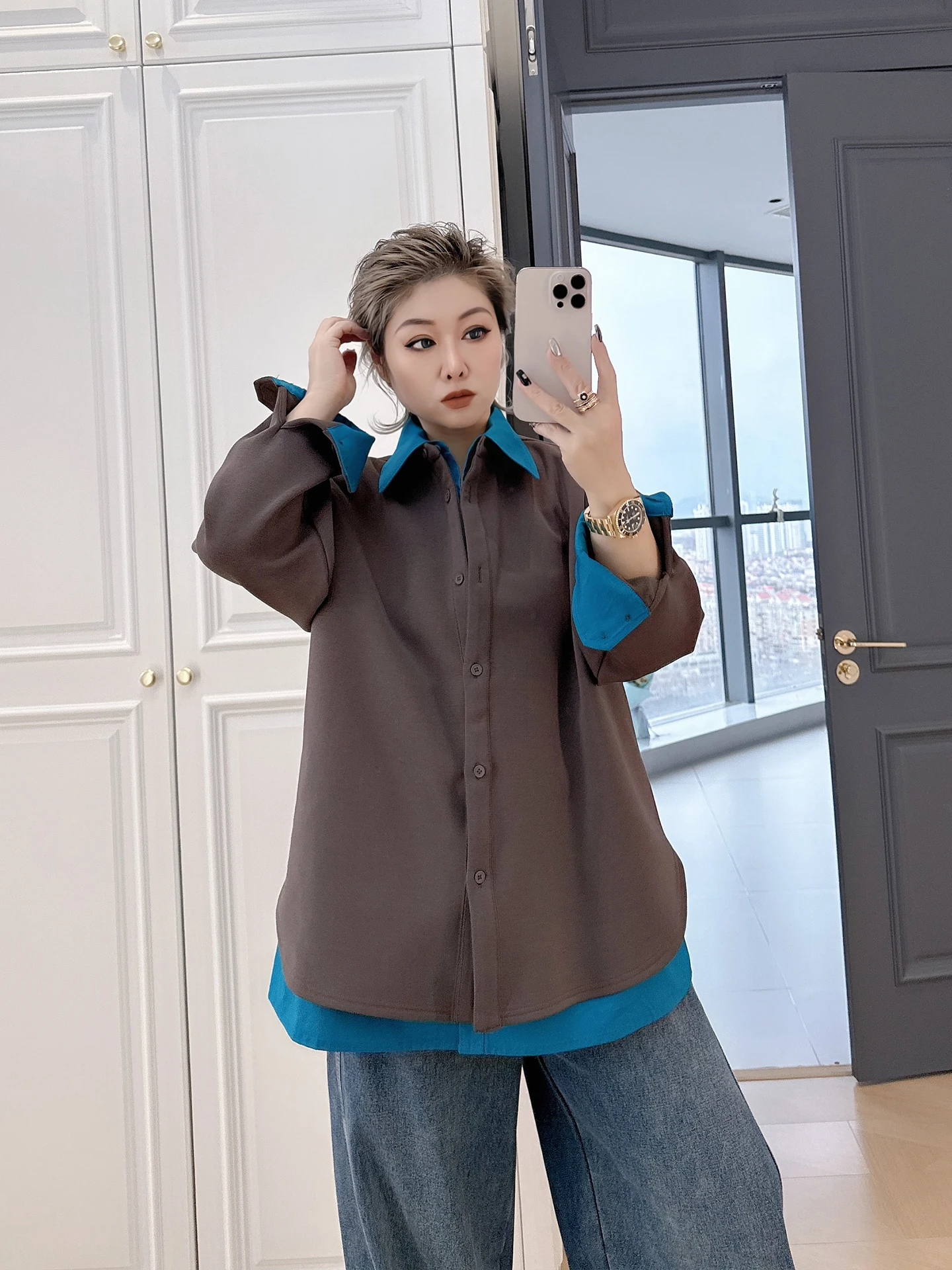 

Korean Sle plus Size Women's irt Color Blo Collar Slimming Top Hidden Meat Long Sve Polyester Cotton Spandex Winter ...