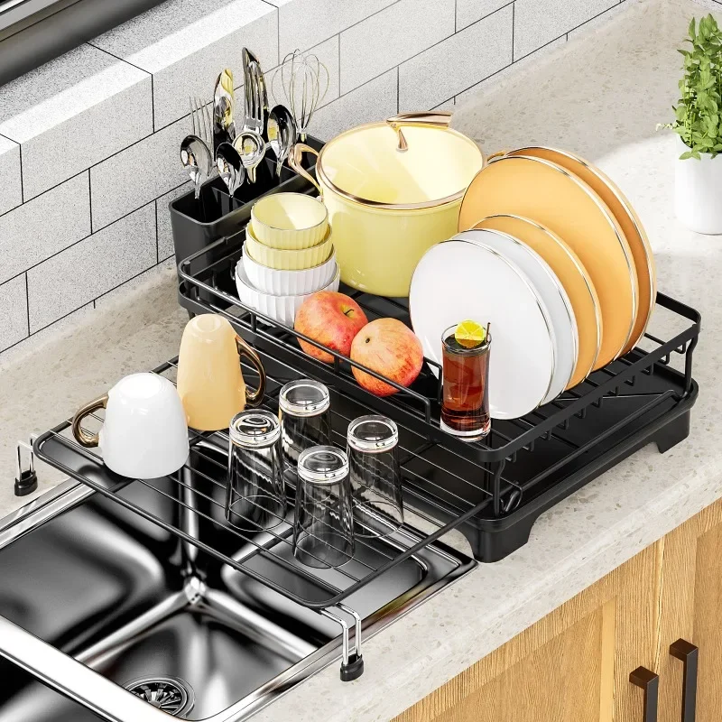 Expandable Dish Drainer Rack Large Capacity Sink Holder Plates and Cutlery Adjustable Kitchen Storage Tray Drying Shelf