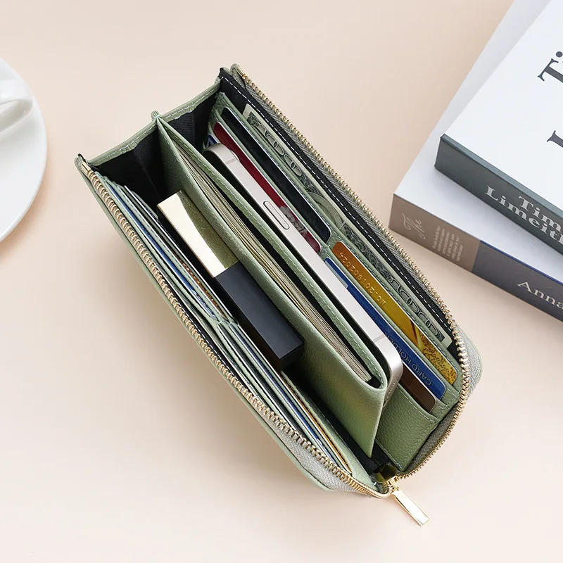 Dompet Pelindung RFID Kulit Asli Dompet Tangan Fashion Ritsleting Panjang Wanita Dompet Koin Tas Ponsel