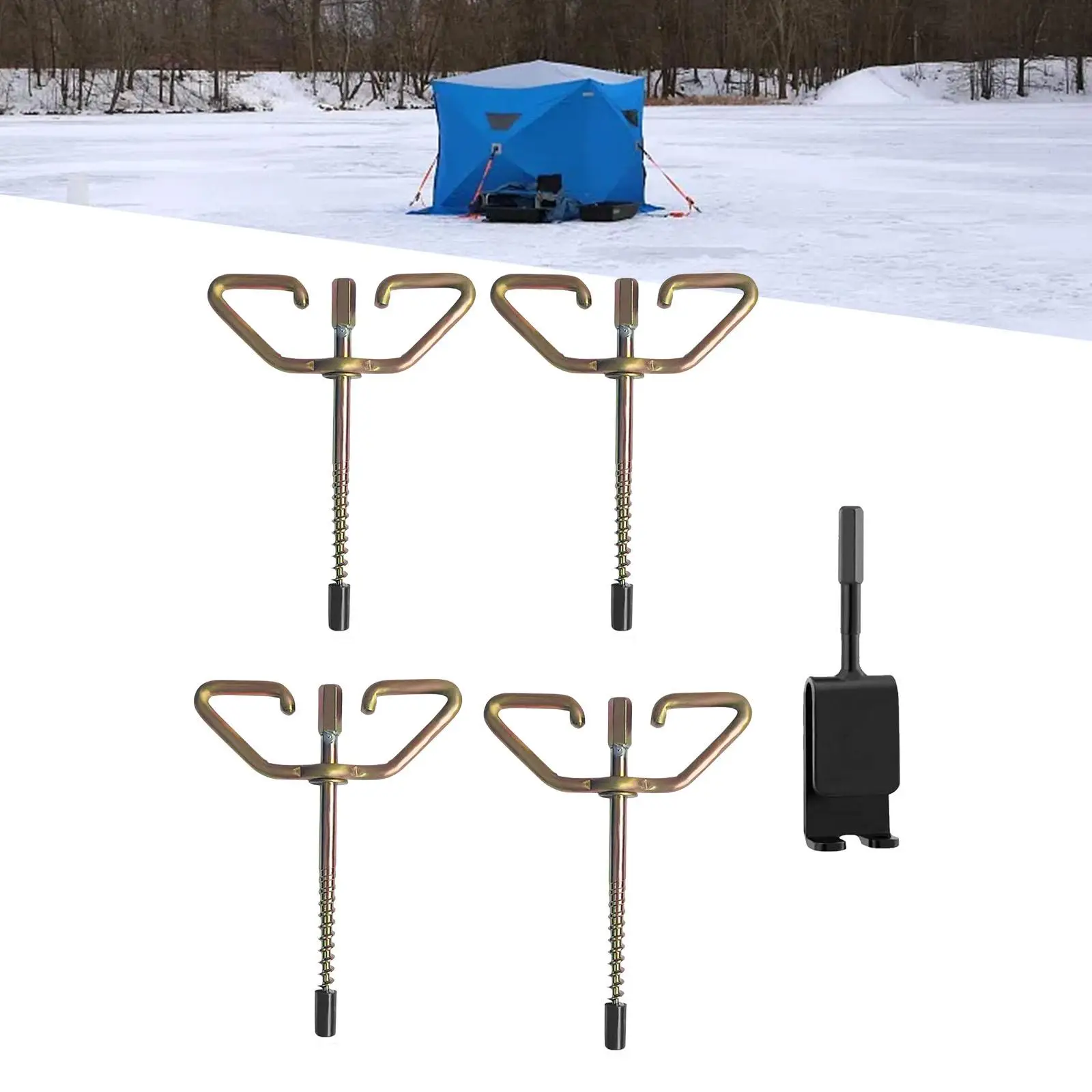 

4Pcs Ice Fishing Anchors Ice Shanty Anchors with Drill Adapter Reusable Ground Nails Shelter Anchor Ice Fishing Tent Stakes