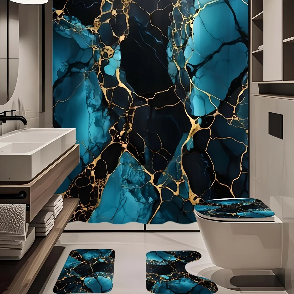 

1/4 шт. сине-черная шторка для душа с мраморным узором, комплект шторок для душа из высококачественного полиэстера с 12 крючками