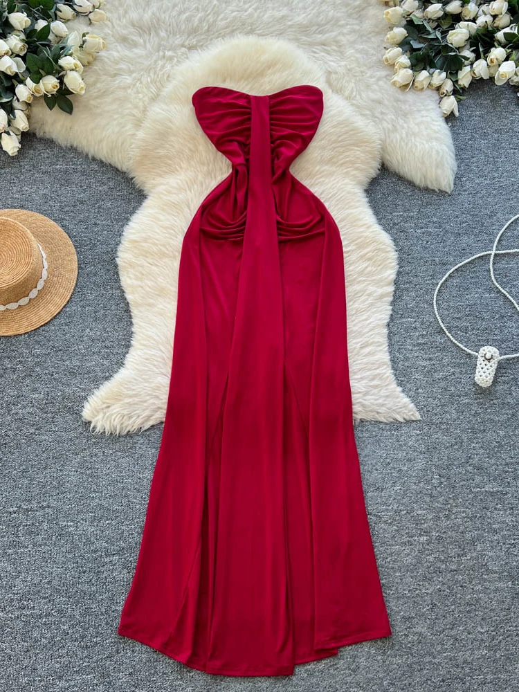 فستان طويل أنيق بدون حمالات من Foamlina فستان نسائي صيفي أنيق بدون أكمام نحيف مكشكش لملابس الحفلات الرسمية #1