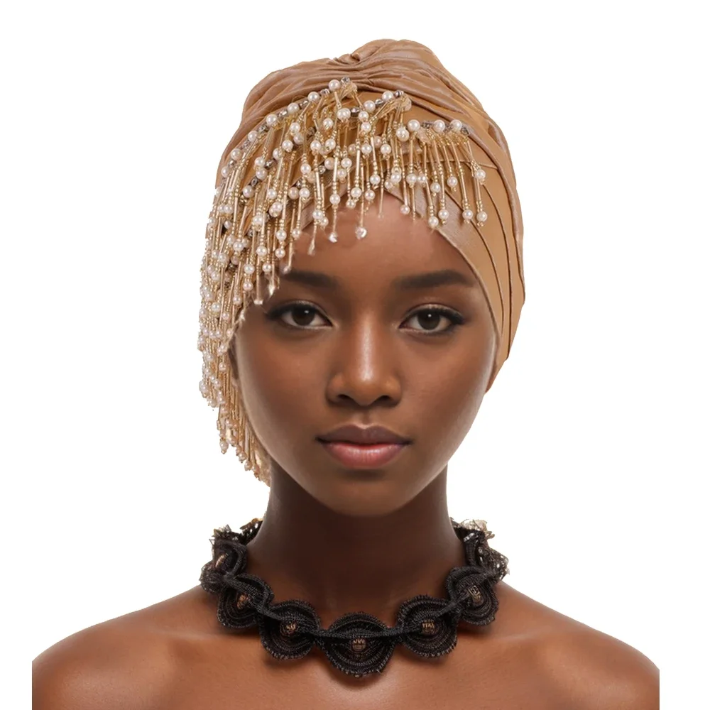 Pleated Beading Headscarf Hat Turbante Mujer 2024 New Tassels Turban Cap for Women African Raw Silk Head Wraps Bonnet