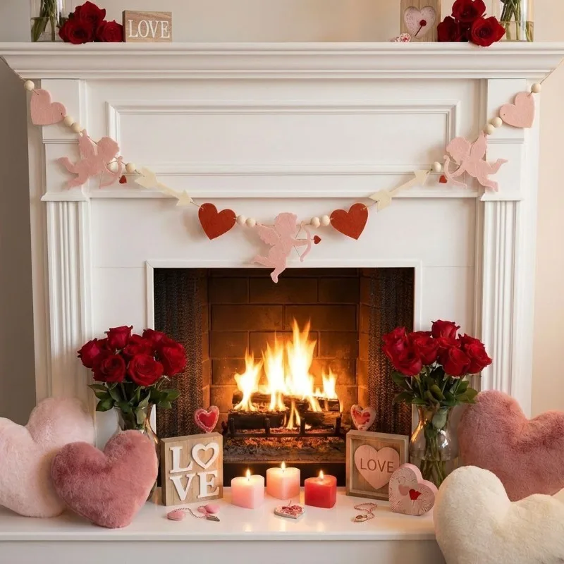 2026 New Red Pink Heart Felt Garland Hanging Banner for Valentine’s Day Wedding Proposal Party Decoration and Home Wall Decor