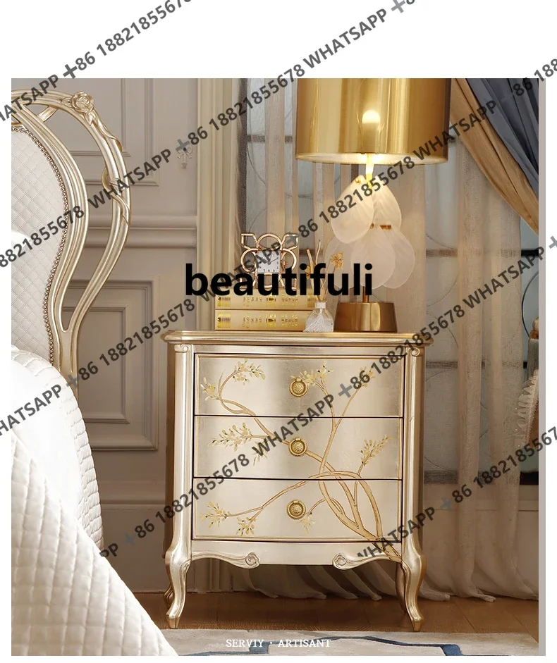 フランスのライトラグジュアリー無垢材彫刻フラワーベッドサイドテーブルヨーロッパの手描きマスターベッドルームベッドサイドテーブル付きSE1