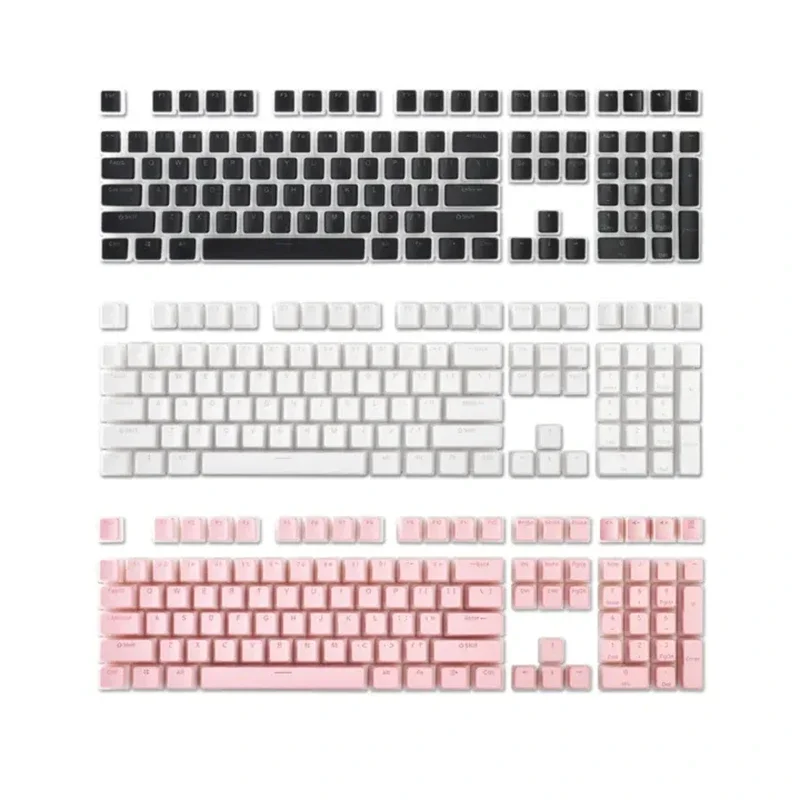 130-key PBT pudding keycaps, OEM profile, customizable RGB, smooth feel, available in black, white, pink, and blue.