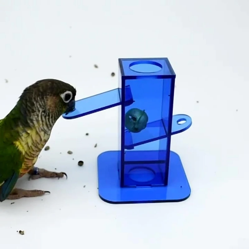 Bird Foraging Toy Transparent Blue Acrylic Box with Gold Metal Improving Intelligence for Parrot Cockatiel Parakeet