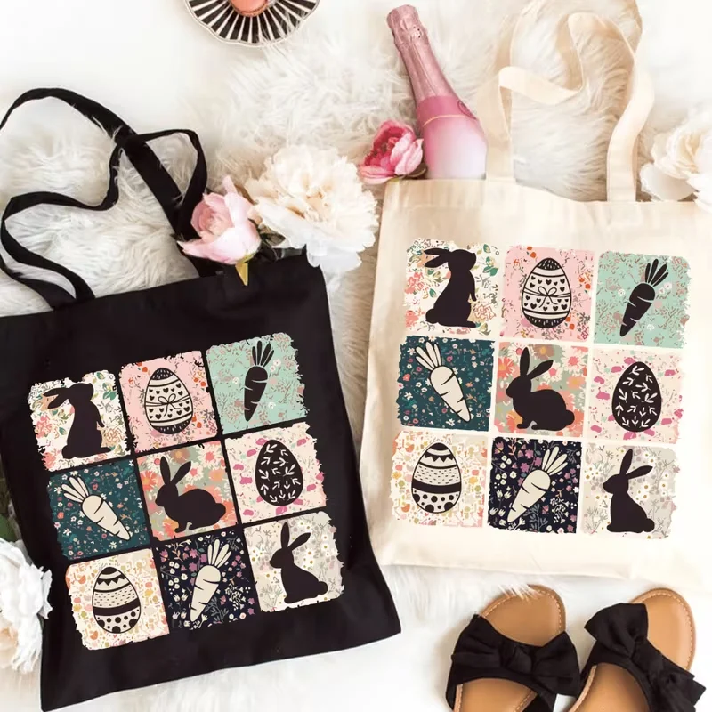 

Easter Bunny Canvas Tote Bag, Large Capacity, Durable Handbag with Rabbit and Easter Eggs Print, , for Outdoor Picnic and Party