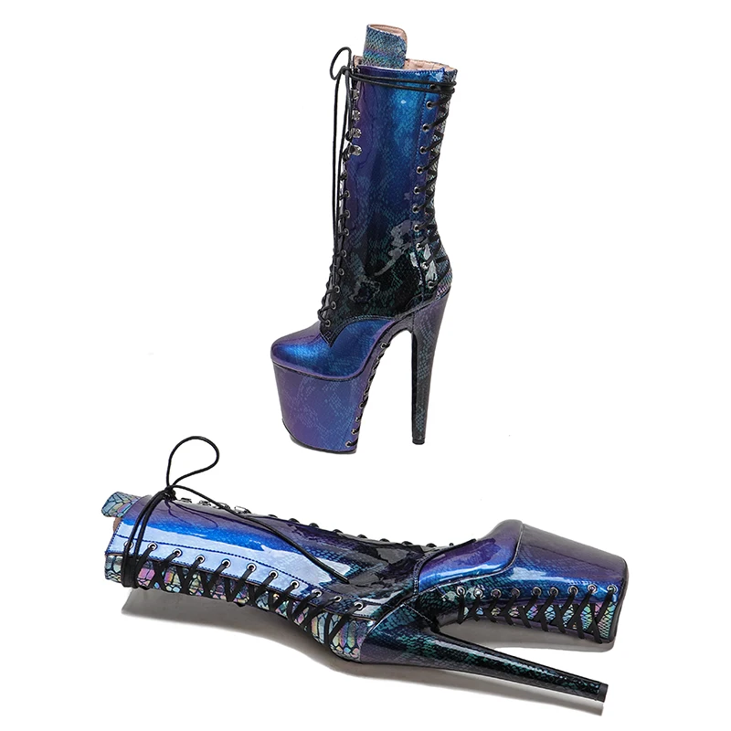 Leecabe 20CM/8Inch shinny Snakeskin material lace up sole and upper High Heels Pole Dance boot