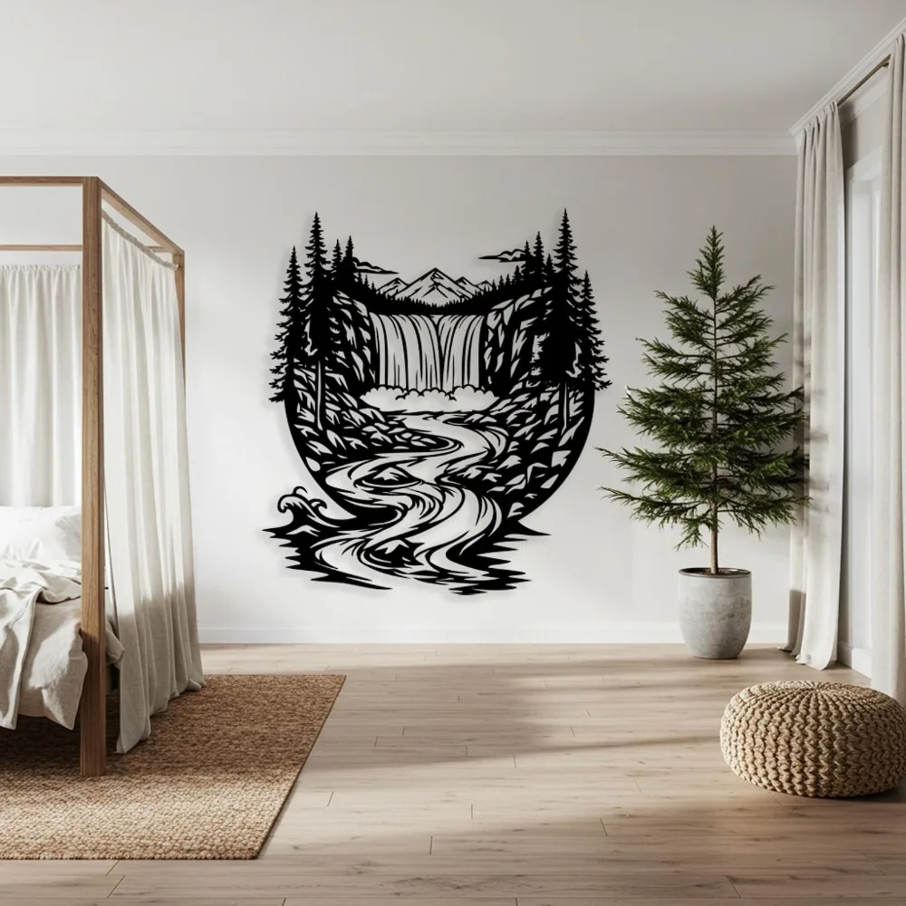 Waterfall Mountain Metal Wall Art, Rustic River Forest Landscape Silhouette Mural, Indoor Outdoor Oversized Cabin Lodge Wall