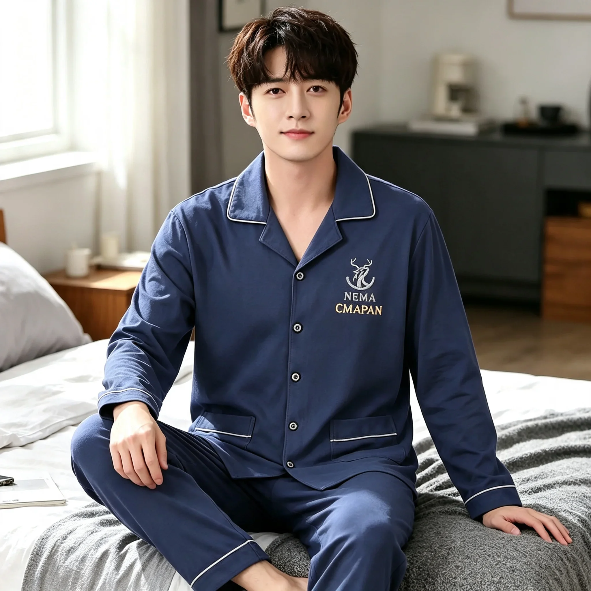 Men's Korean‑Style Minimalist Pajama Set Comfortable Loungewear for Spring Autumn Fashion Stretchy Soft Daily Casual Home Outfit
