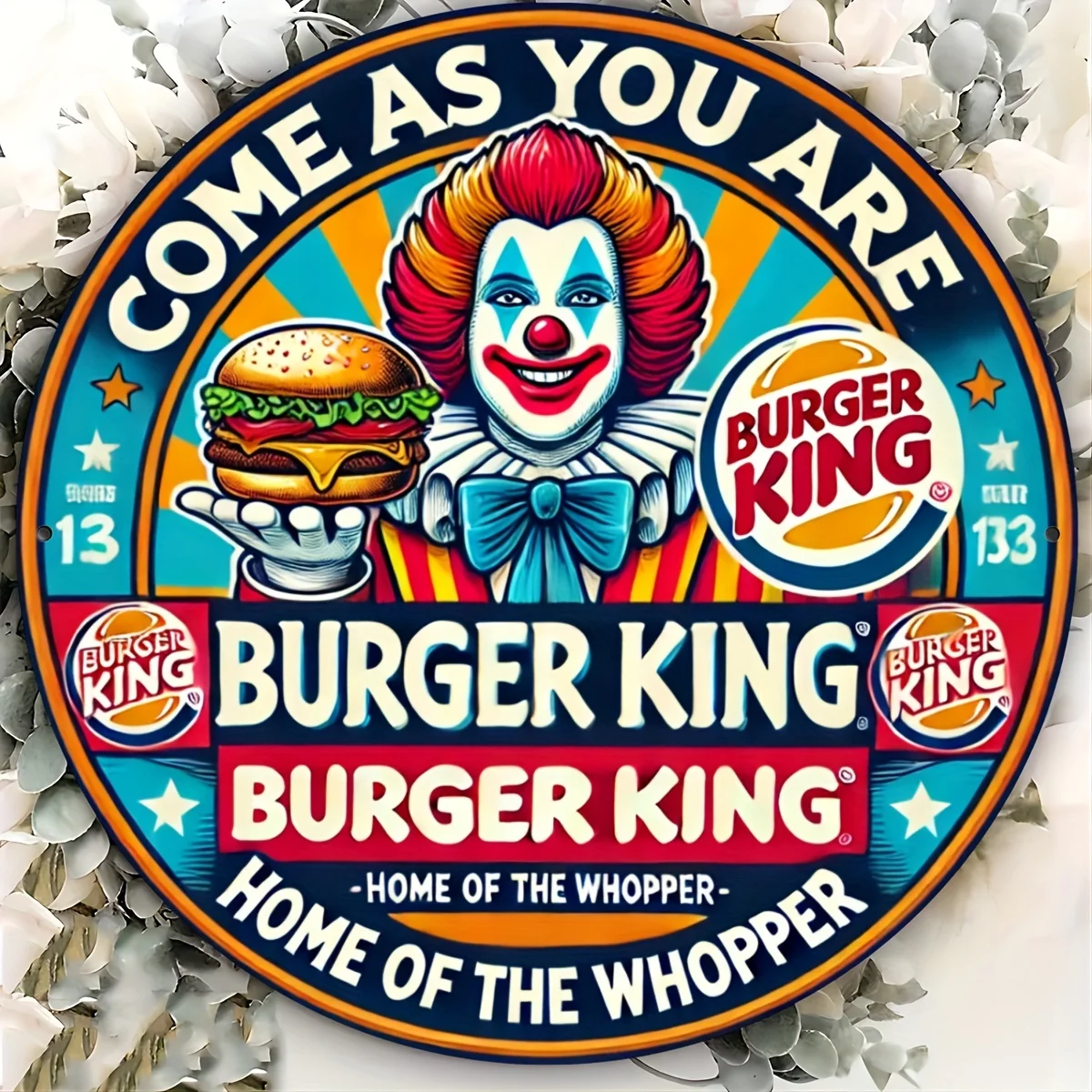 1 arte de pared, máscara de payaso Retro Burger King, adecuada para hamburguesas, comida rápida, panaderías, cafeterías, restaurantes