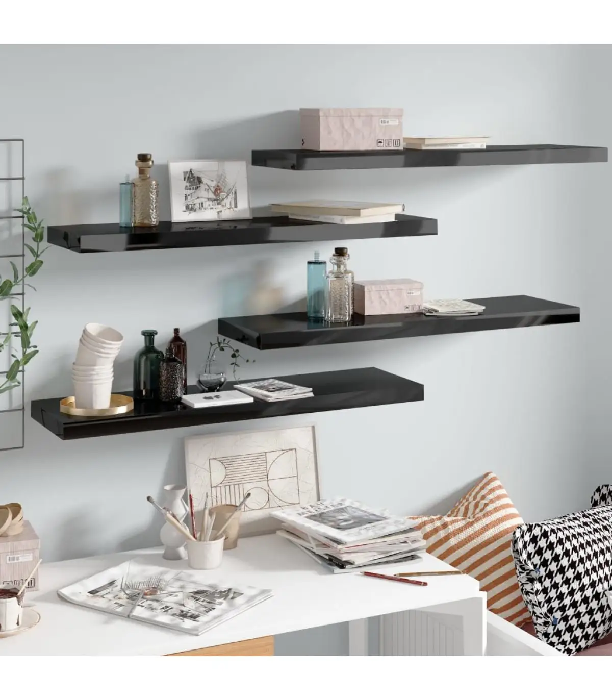 Shelves and Shelves Floating Wall 4 Pins Black Glitter MDF 90x23,5x3,8cm