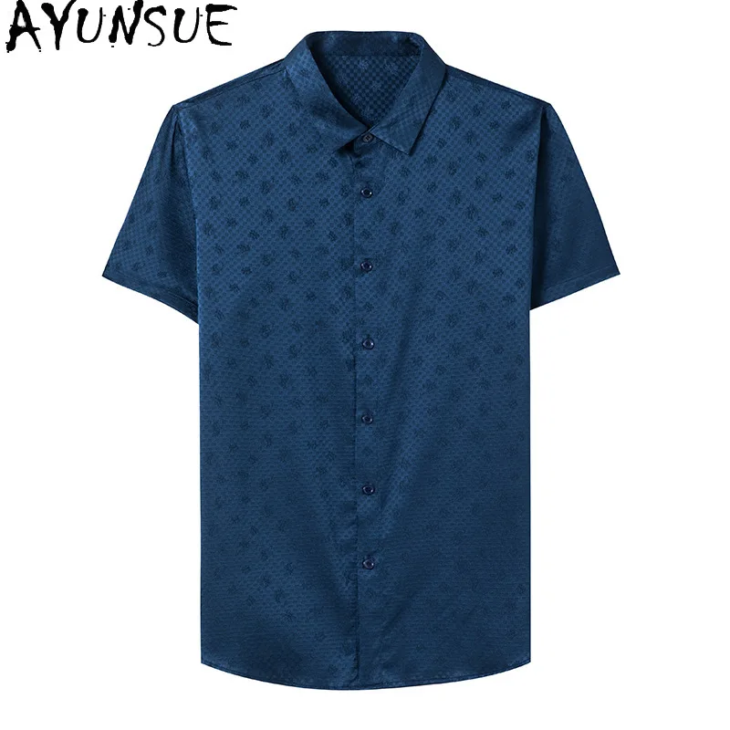 AYUNSUE 92.4% Mulberry Silk Short Sleeve Shirt Man Clothing 2025 Summer High Quality Satin Silk Mens Shirts Business Casual 반팔셔츠
