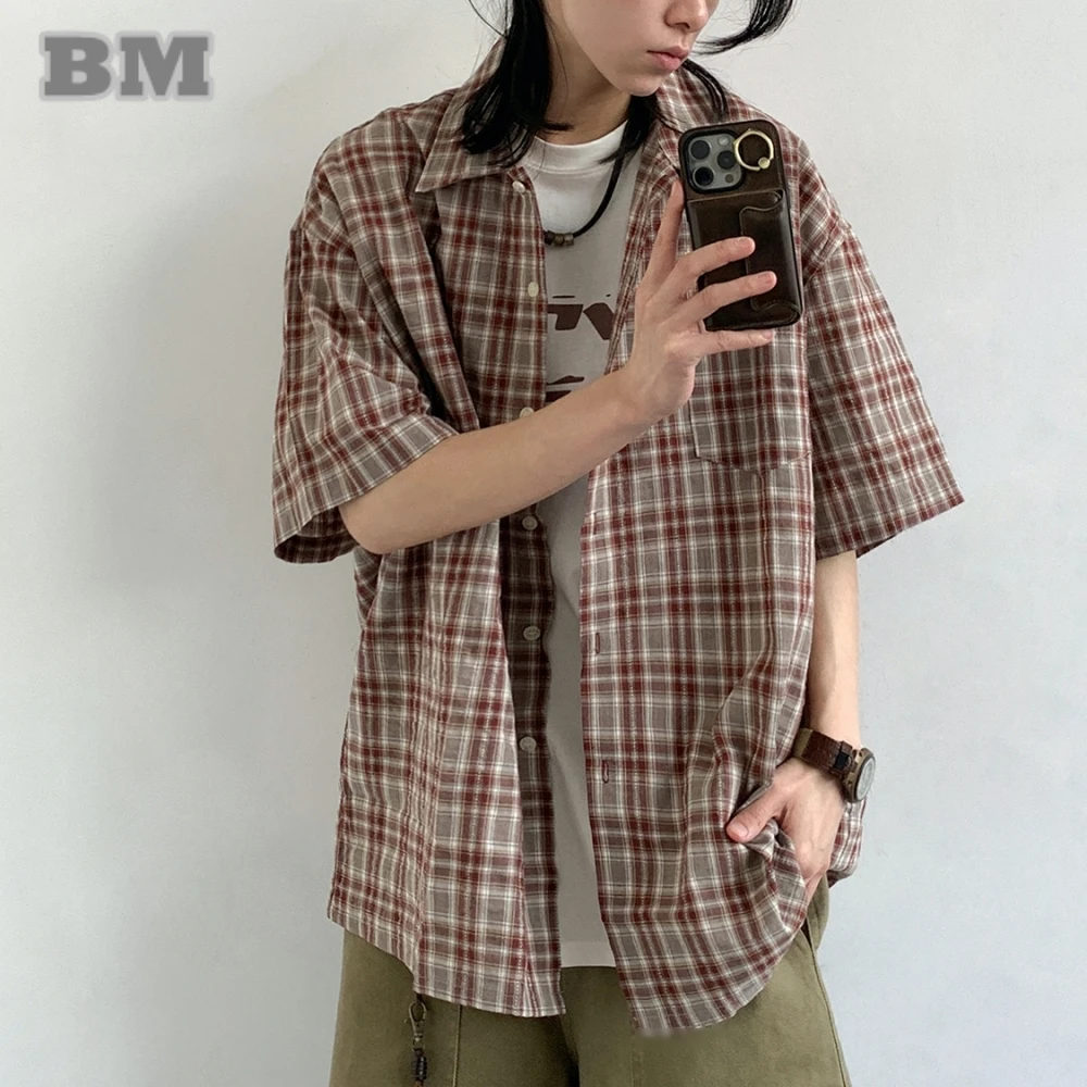 Japanese Style Striped Checkered Shirt Summer Unisex Loose Fit Lightweight Casual Short Sleeve Men Women Fashion Minimalist Top