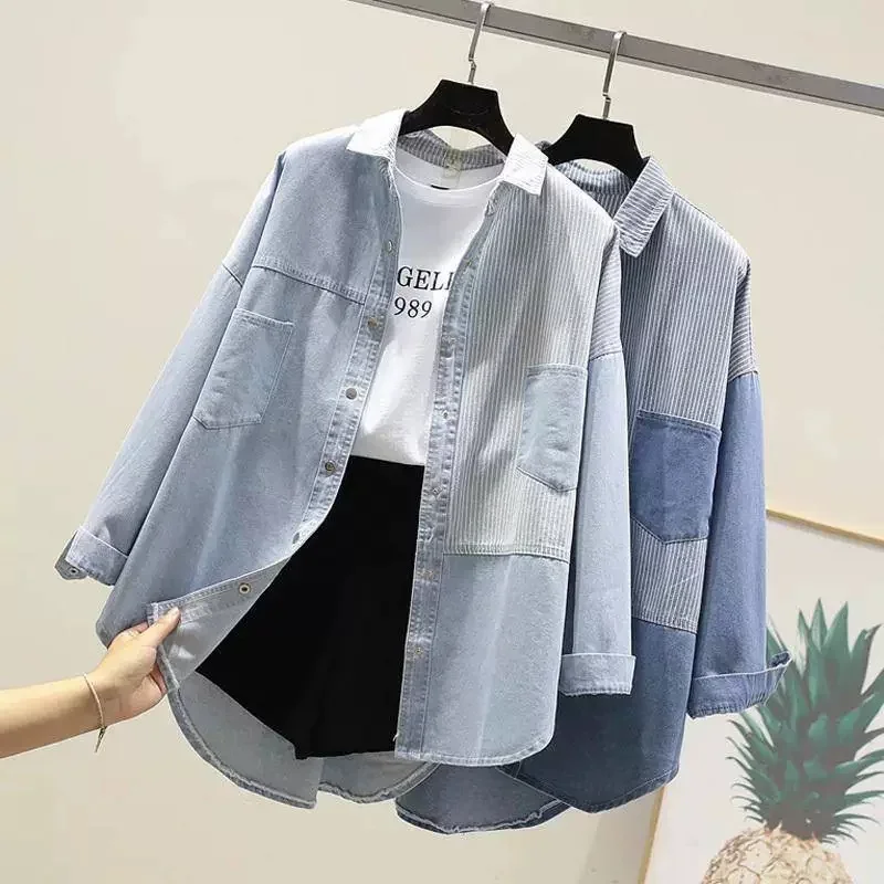 

New Women Denim Shirts Spring Autumn Long Sleeve All-Match Jeans Blouse Female Casual Stitching Cowboy Shirt Lady Tops Outerwear