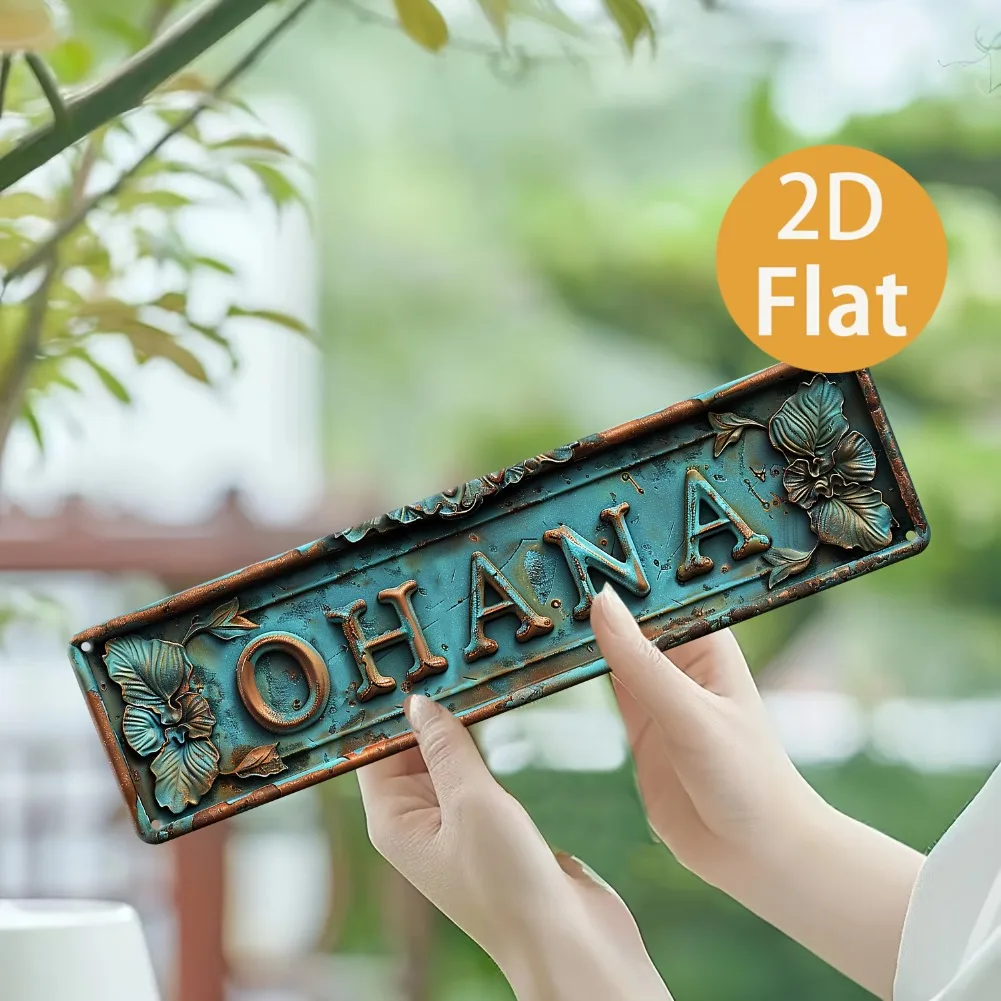 Letrero de pared "Ohana" plano vintage 2D de 16x4 pulgadas, arte floral bohemio del hierro con diseño rústico azul y dorado, decoración duradera para exteriores