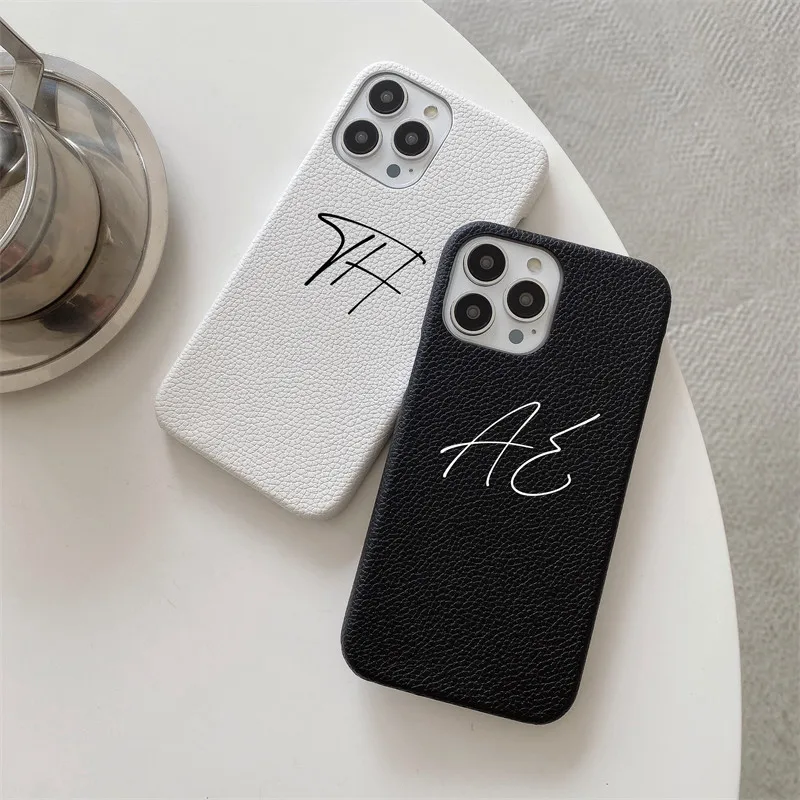 Personalised Name Initial Letter Pebble Grain Leather Case for iphone 11 12 16 13 15Pro Max XS XR 14 15Plus Luxury Hard PU Cover