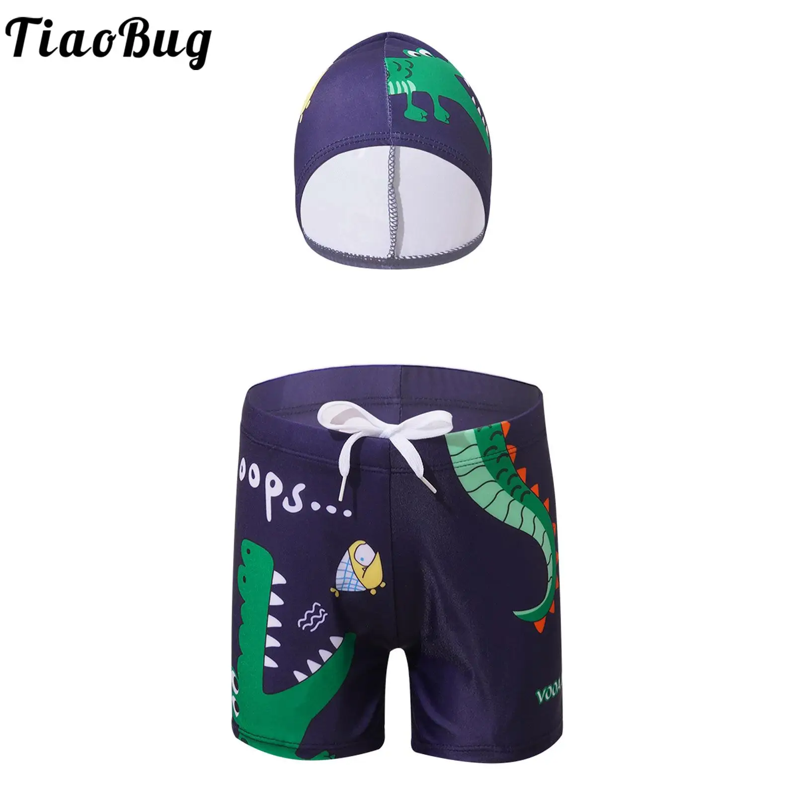 

2Pcs Kids Boys Elastic Waistband Drawstring Shorts and Swim Cap Swimsuit Outfits Cartoon Swim Trunks Sport Swimwear Bottoms