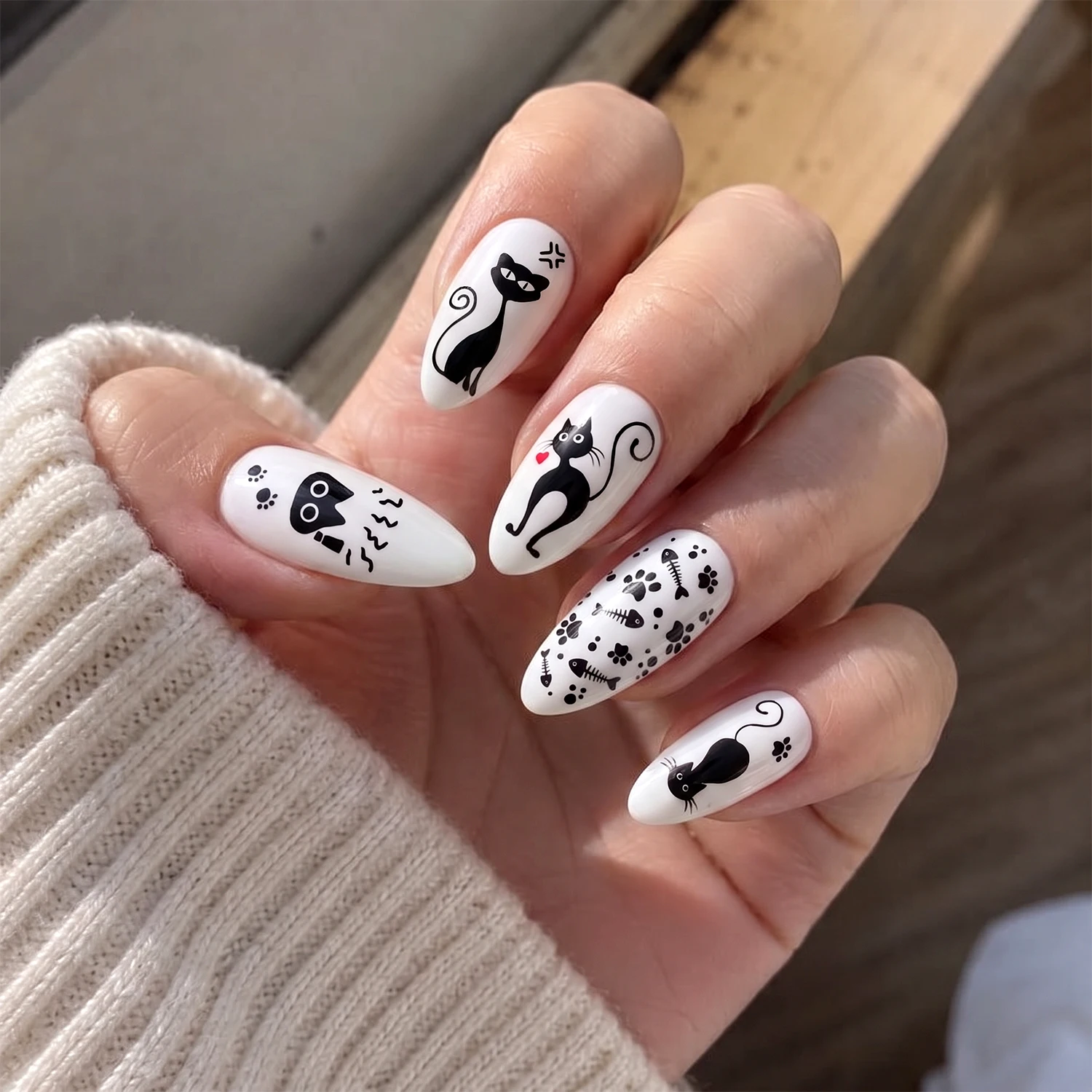 1box White Base Cartoon Pattern Almond Press On Nails Black Cat Modern Girl Sprite Fake Nails Funny Abstract Lines False Nails view 3