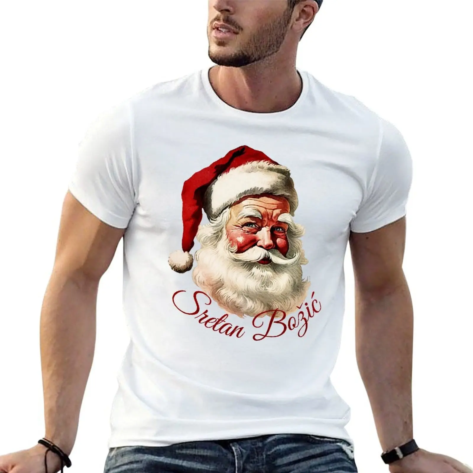 Happy Retro Santa - Sretan Bo?i? - Merry Christmas in Croatian T-Shirt t shirt man casual T-Shirt