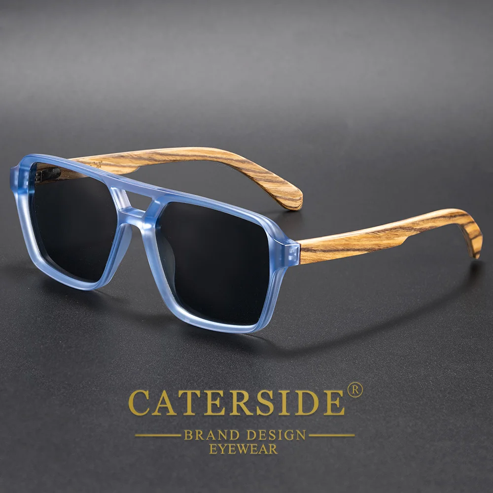 Gafas de Sol de Piloto CATERSIDE para Hombre, Montura de Madera Sólida, Diseño de Doble Puente Plano, Gafas de Sol de Moda para Mujer, para Verano y Actividades al Aire Libre