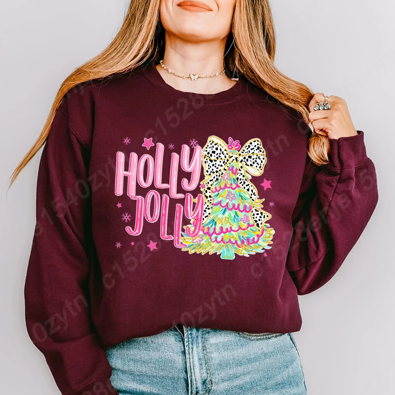 Christmas Tree Bow Holly Jolly Print Hoodless Sweatshirt Women Fall & Winter Fashion Pure Color Pullover Ladies O Neck Pullovers