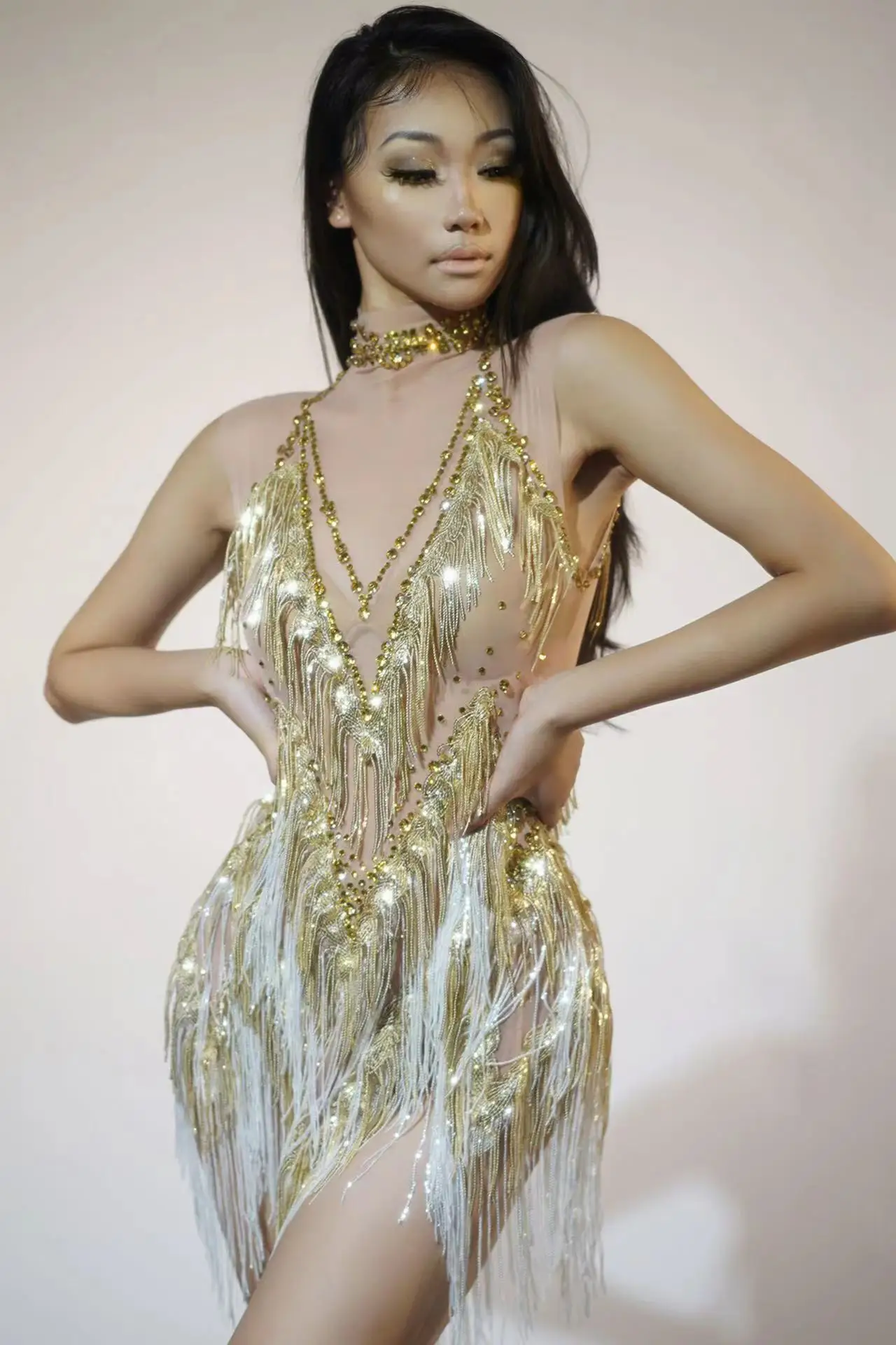 

Birthday Nightclub Bar Sleeveless Sparkly Performance Stage Outfit Luxury Rhinestone Tassel Sexy Women Short Latino Dance Dress