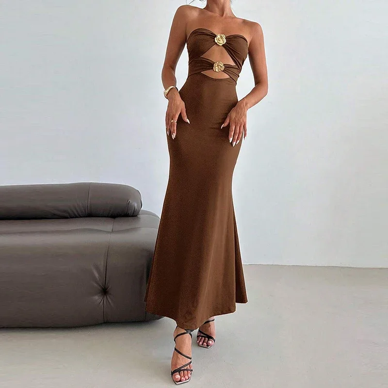 Sexy Tube Top Solid Color Bodycon Long Dress Elegant Hollow Out Metal Buckle Slim Evening Dress Temperament Sleeveless Prom Gown
