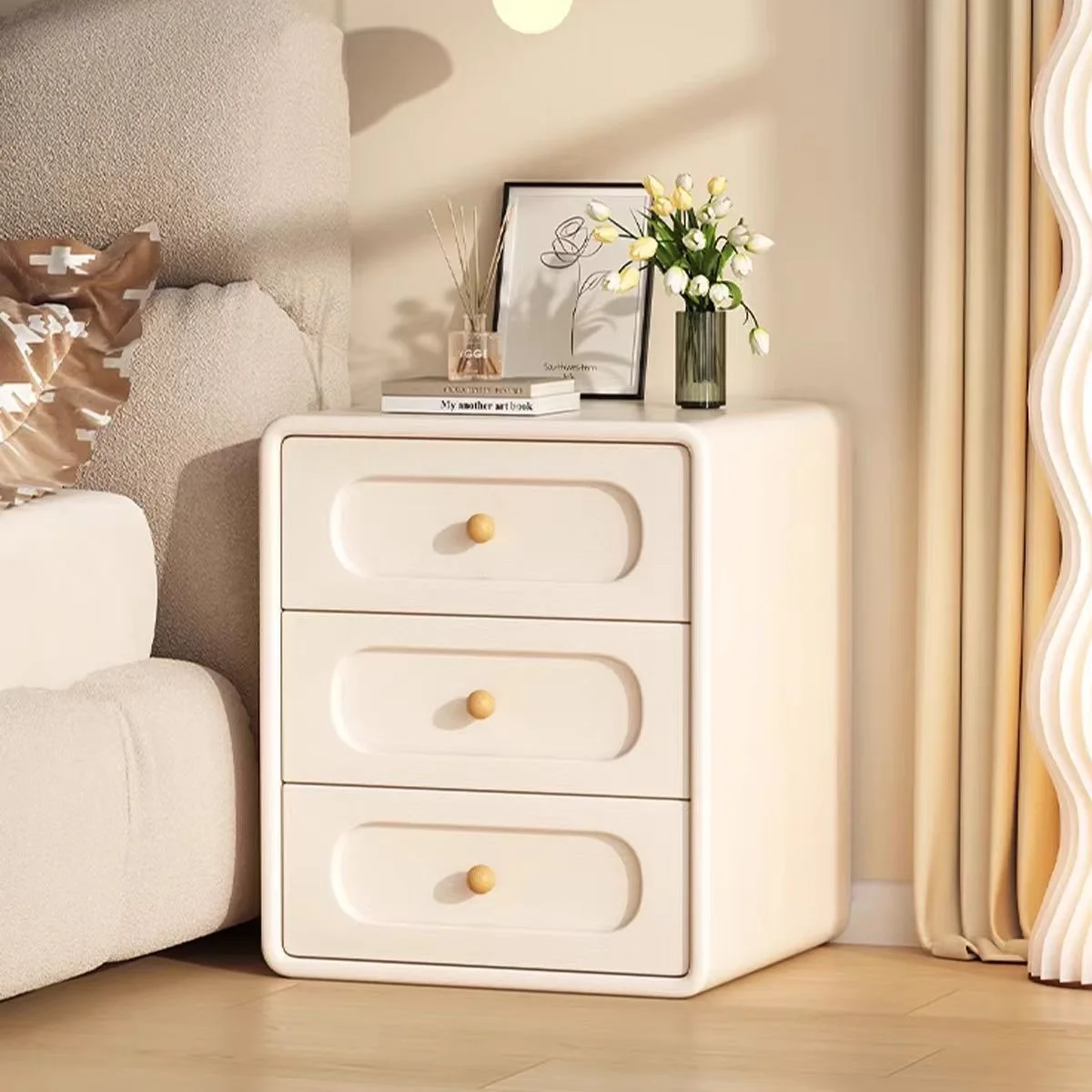 Solid Wood Cream Bedside Table, Three Buckets And Three Drawers, New Leather Light Luxury Household Bedroom, Small Storage