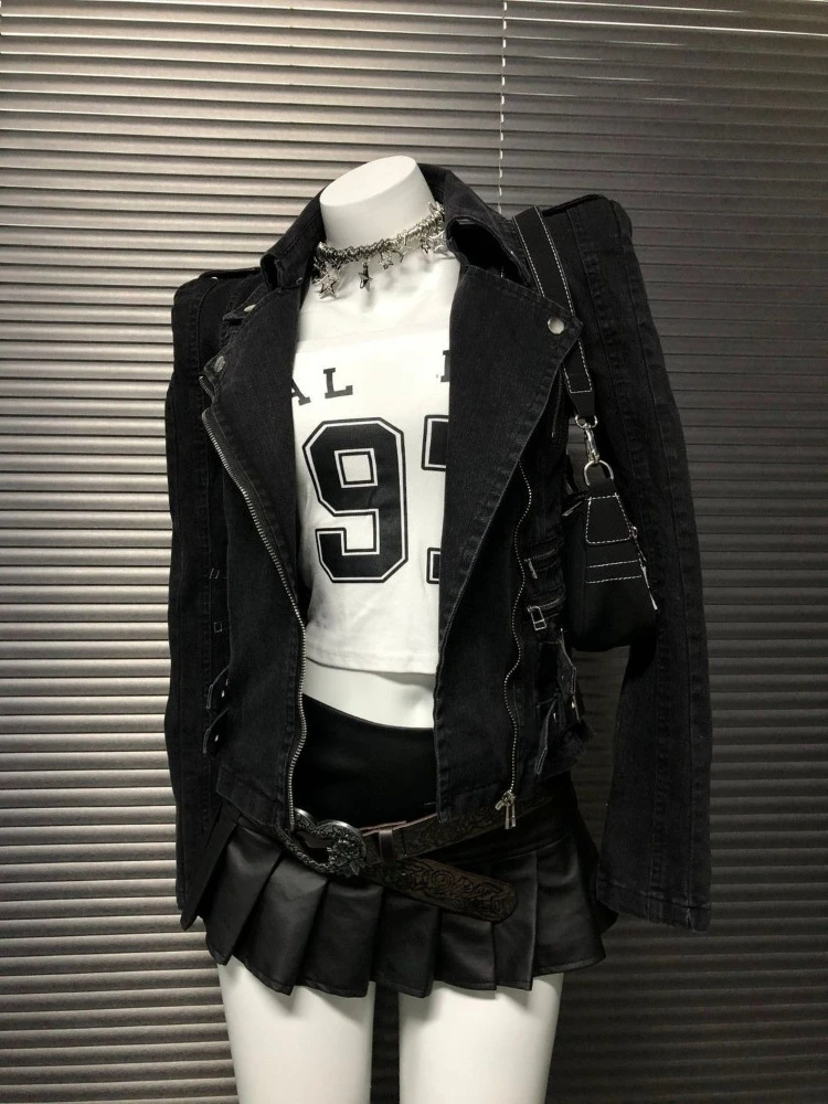 แจ็คเก็ตยีนส์สีพื้นเรียบหรูสไตล์ดาร์กโกธิคยุค 2000 แนววินเทจอเมริกันลำลองสไตล์ใหม่จากไฮสตรีท เสื้อคลุมสไตล์ซับคัลเจอร์