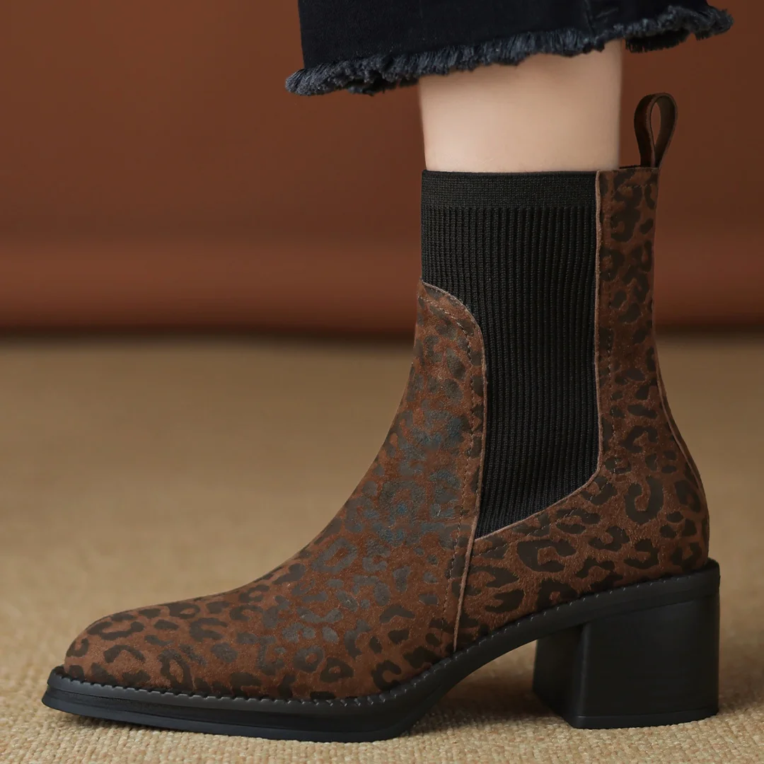 

Women's leopard natural suede leather stretch knit patchwork slip-on autumn ankle boots 5cm thick med heel casual short booties