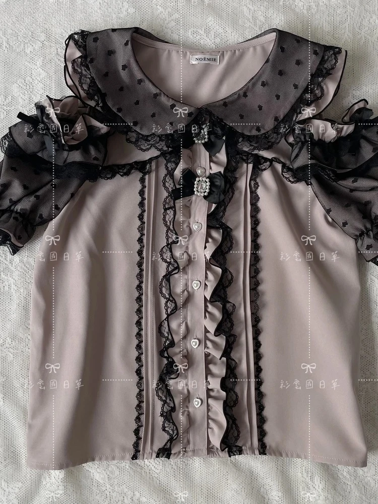 Short-sleeved New Sweet Girls Versatile Top Japanese Mine Series Mass-produced Lace Splicing Off-shoulder Doll Collar Shirt