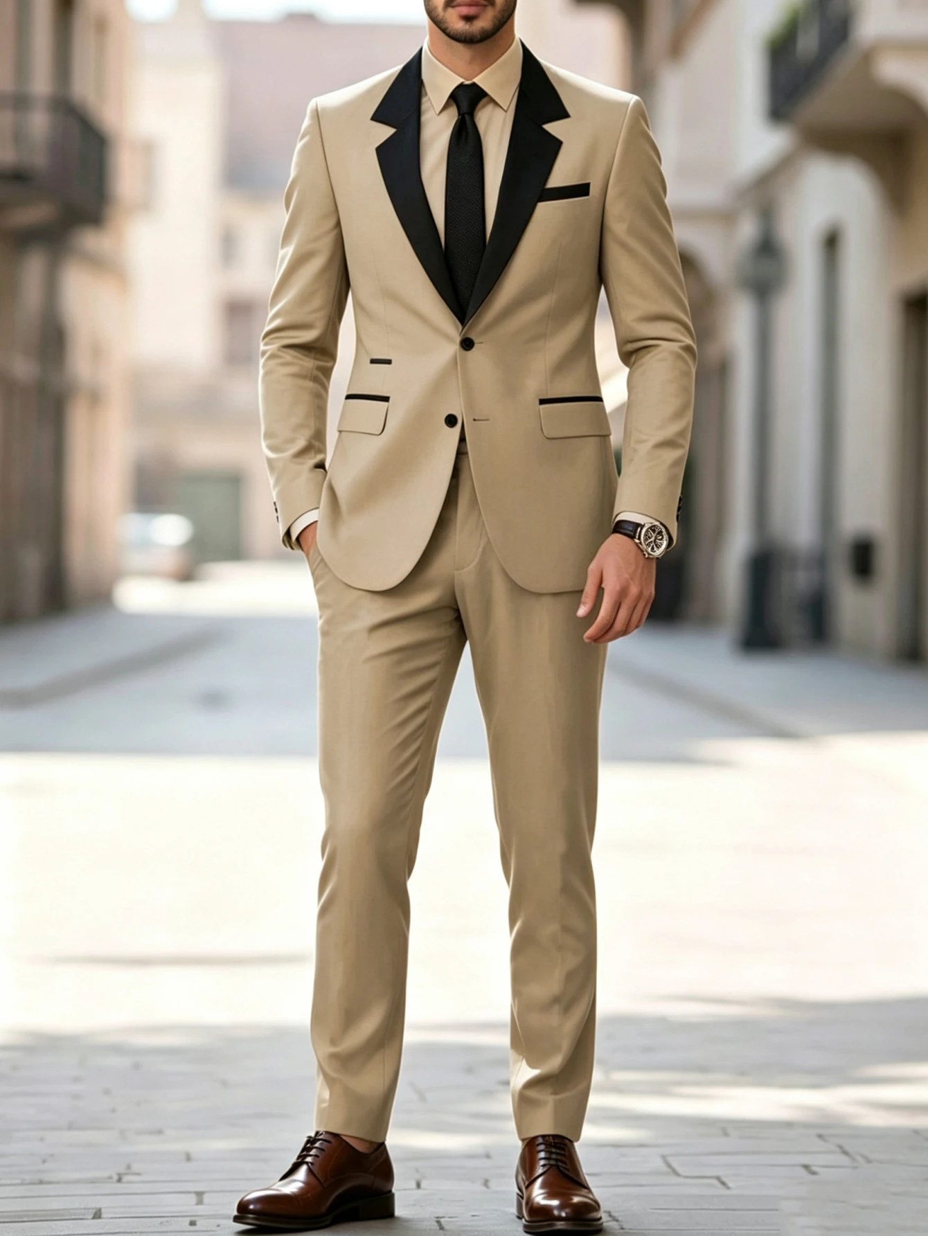 Men Khaki Suit 2 Pieces Set Black Contrast Lapel Blazer & Trousers, Slim Fit Wedding Formal Business Suit Wedding & Ceremony
