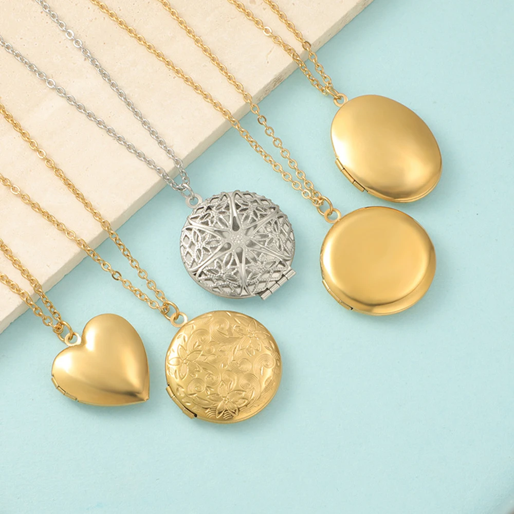 2Pcs/Lot Mirror Polish  Stainless Steel Heart Round Oval Photo Frame Memory Pendant Necklace Gift For Girl  Jewelry 45cm