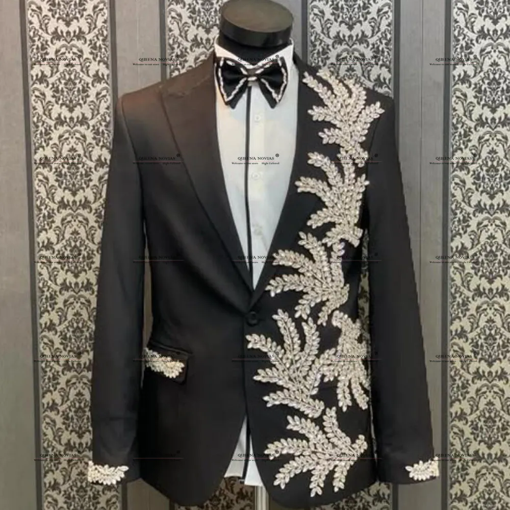 Costumes perlés en diamant de luxe pour hommes, blazers de Rhà simple boutonnage, vêtements de marié 2 pièces, smokings de mariage