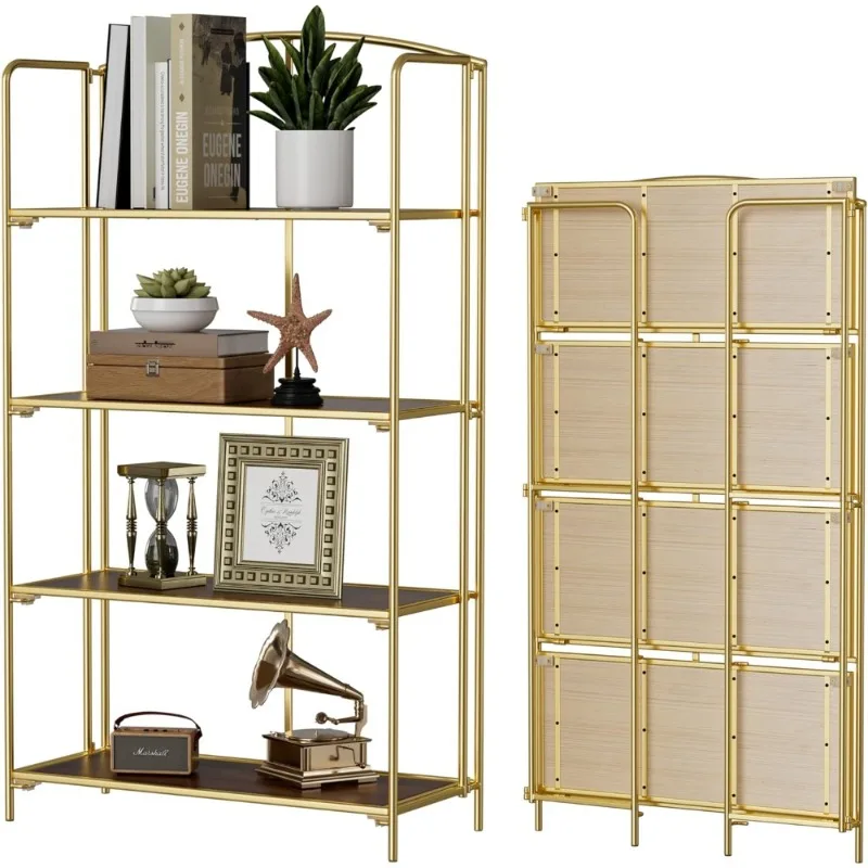 

No Assembly Folding Bookshelf 4 Tier Gold Collapsible Bookcase Storage Organizer for Living Room Home Office Portable