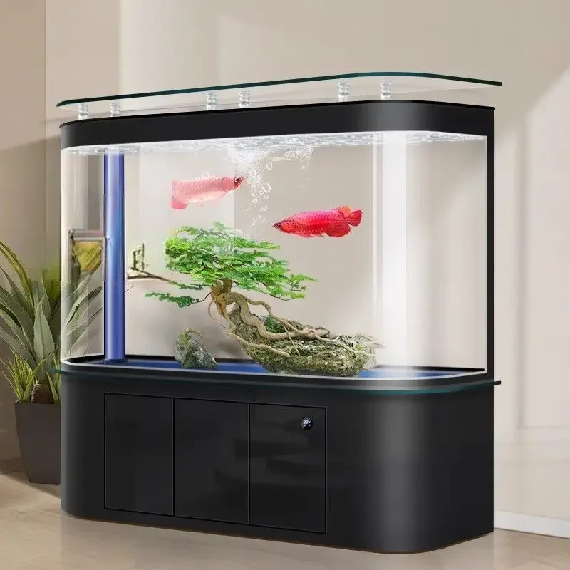 Bottom filter fish tank living room household medium and large vertical lazy aquarium ultra-white glass water-free