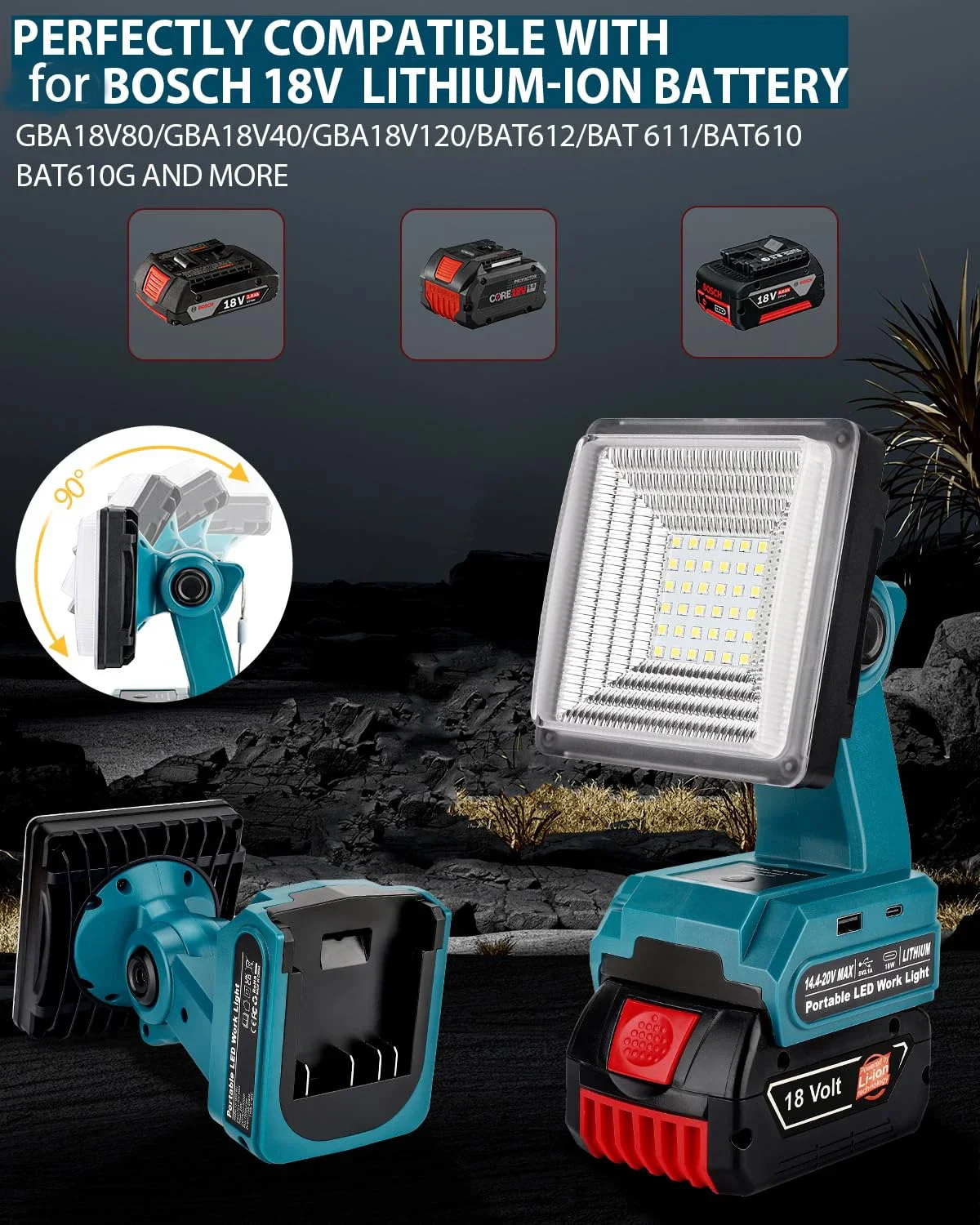 Portable Outdoor Light LED Cordless Work Light for Bosch 18V Li-ion Battery with USB Interface for Work Site and Emergency Use