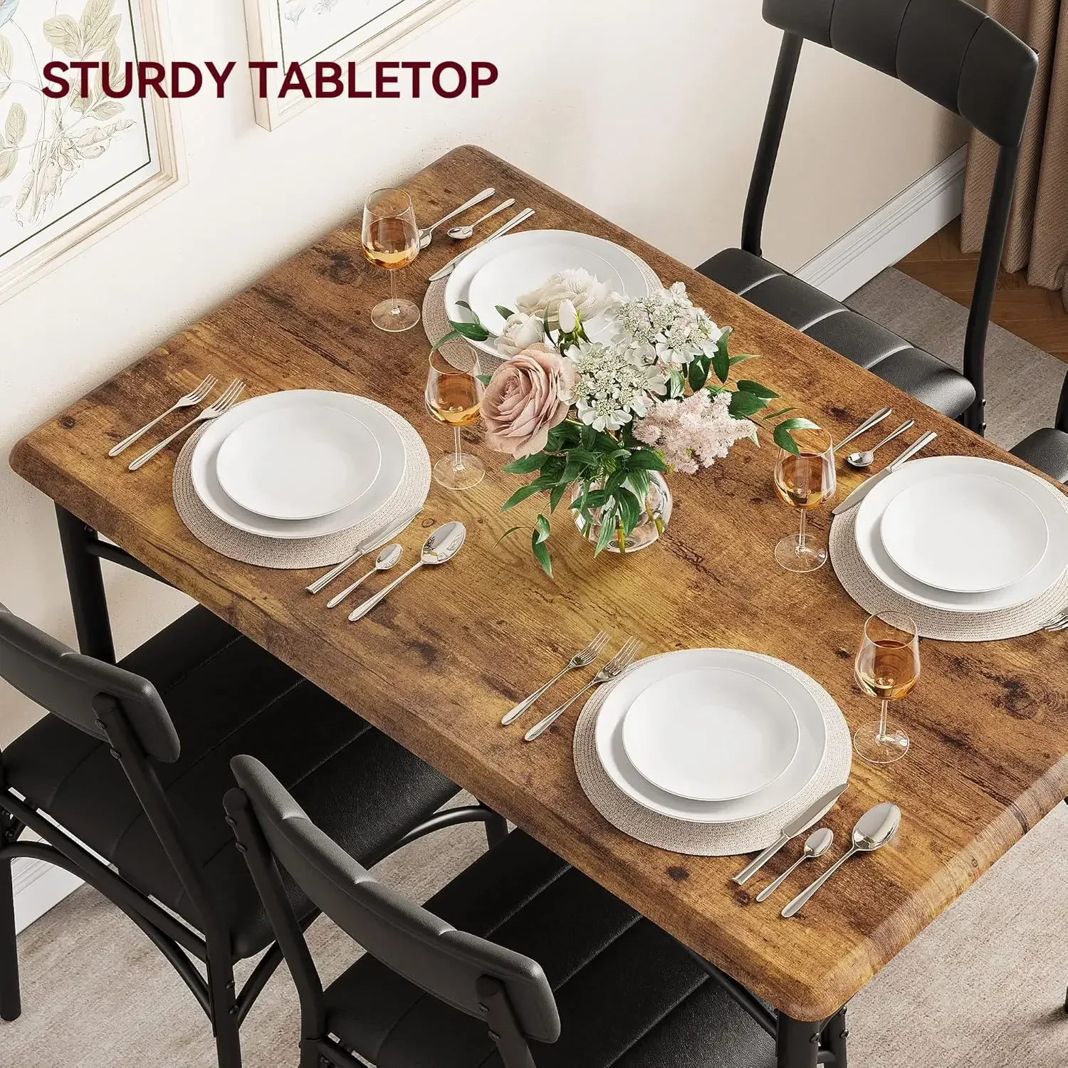 Kitchen Table and Chairs, Dining Room Table Set for 4 with Upholstered Chairs, Metal and Wood Rectangular Dining Table