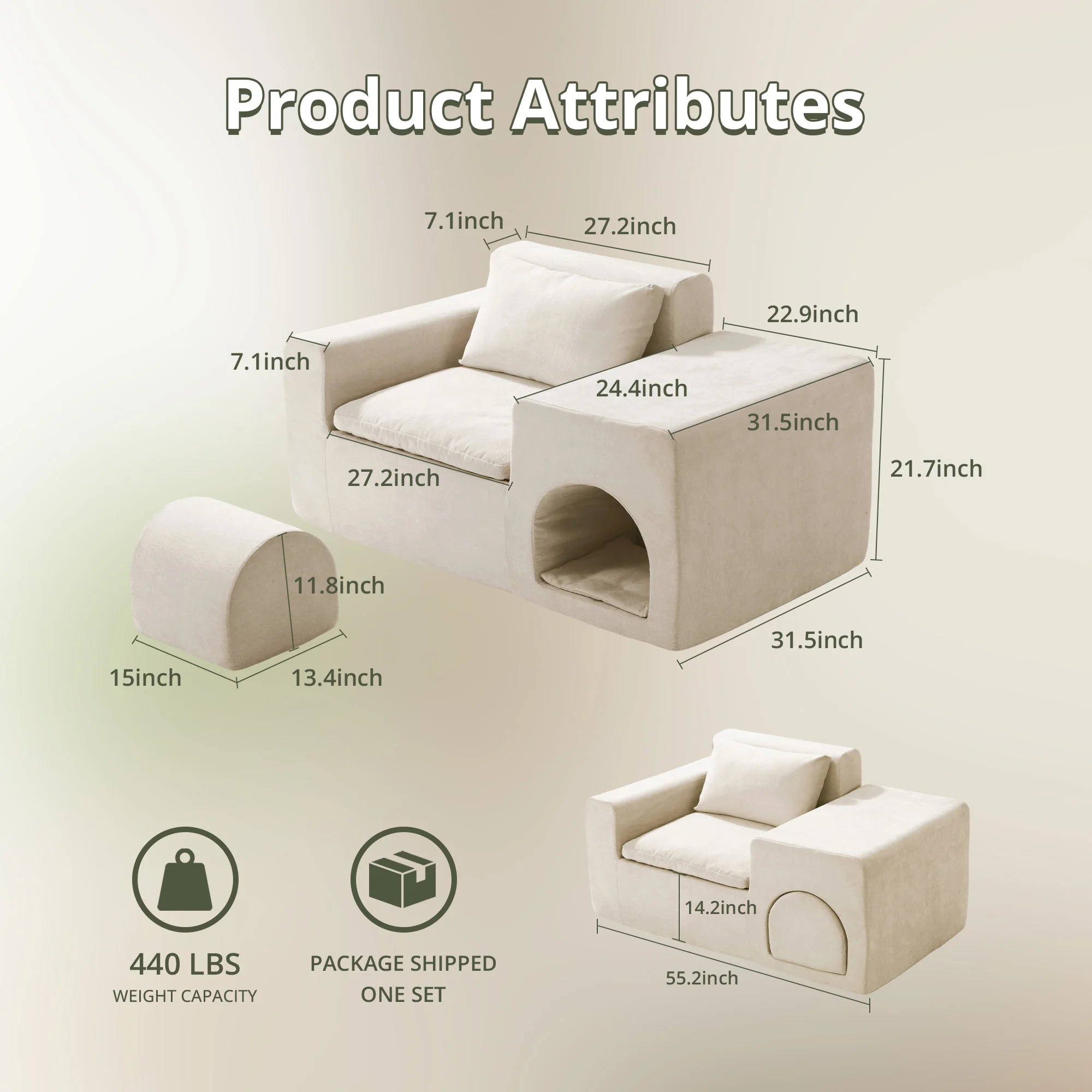 55 Inch Boneless Floor Sofa Chair Beige 4-in-1 Pet-Friendly Human Lounge Seat No Assembly Required Couch for Living Room Bedroom Apartment