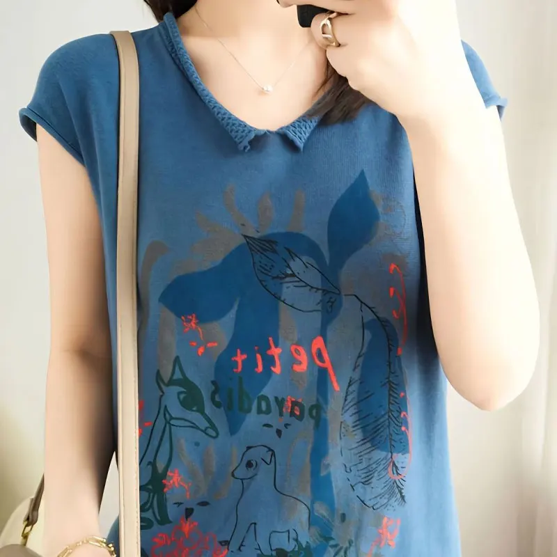 

Stylish Loose Hand-Painted Printed T-shirt Casual V-Neck Summer Commute Korean Female Clothing Short Sleeve Knitted Pullovers