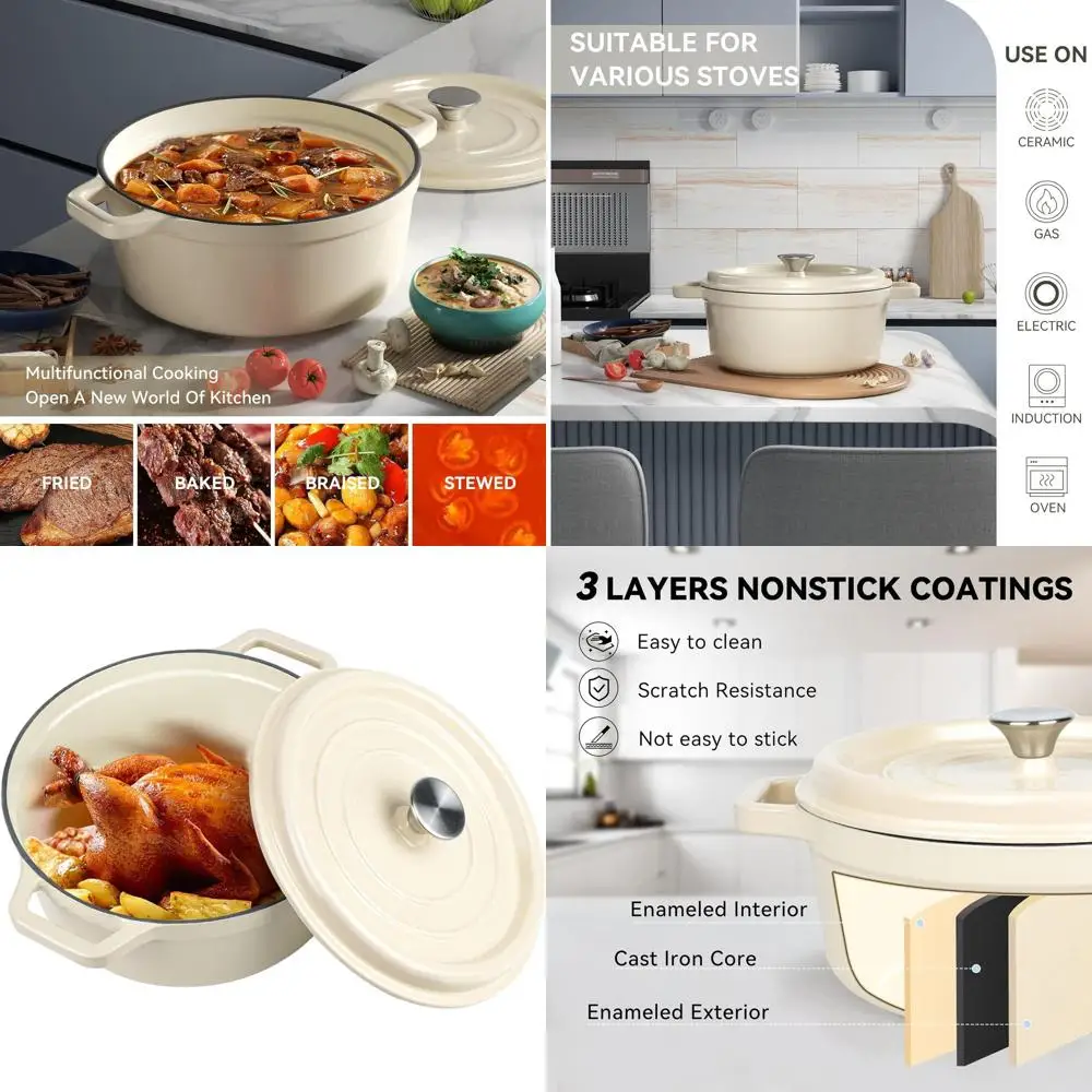 

6.5 Qt. Enamel-Coated Cast Iron Dutch Oven Pot with Lid and Dual Handles, Ideal for Baking and Cooking (Beige)